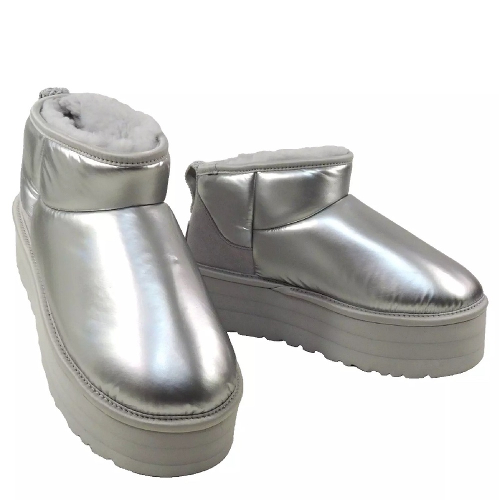 UGG ⚜ WOMEN'S SILVER WINTER FLAT PLATFORM BOOTIE WITH LAMB FUR INSIDE